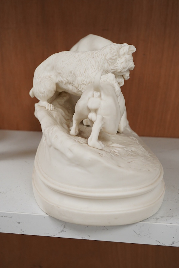 After Pierre-Jules Mene (1810-1879), a parian group, 'Le Chasse au Lapin', 31cm